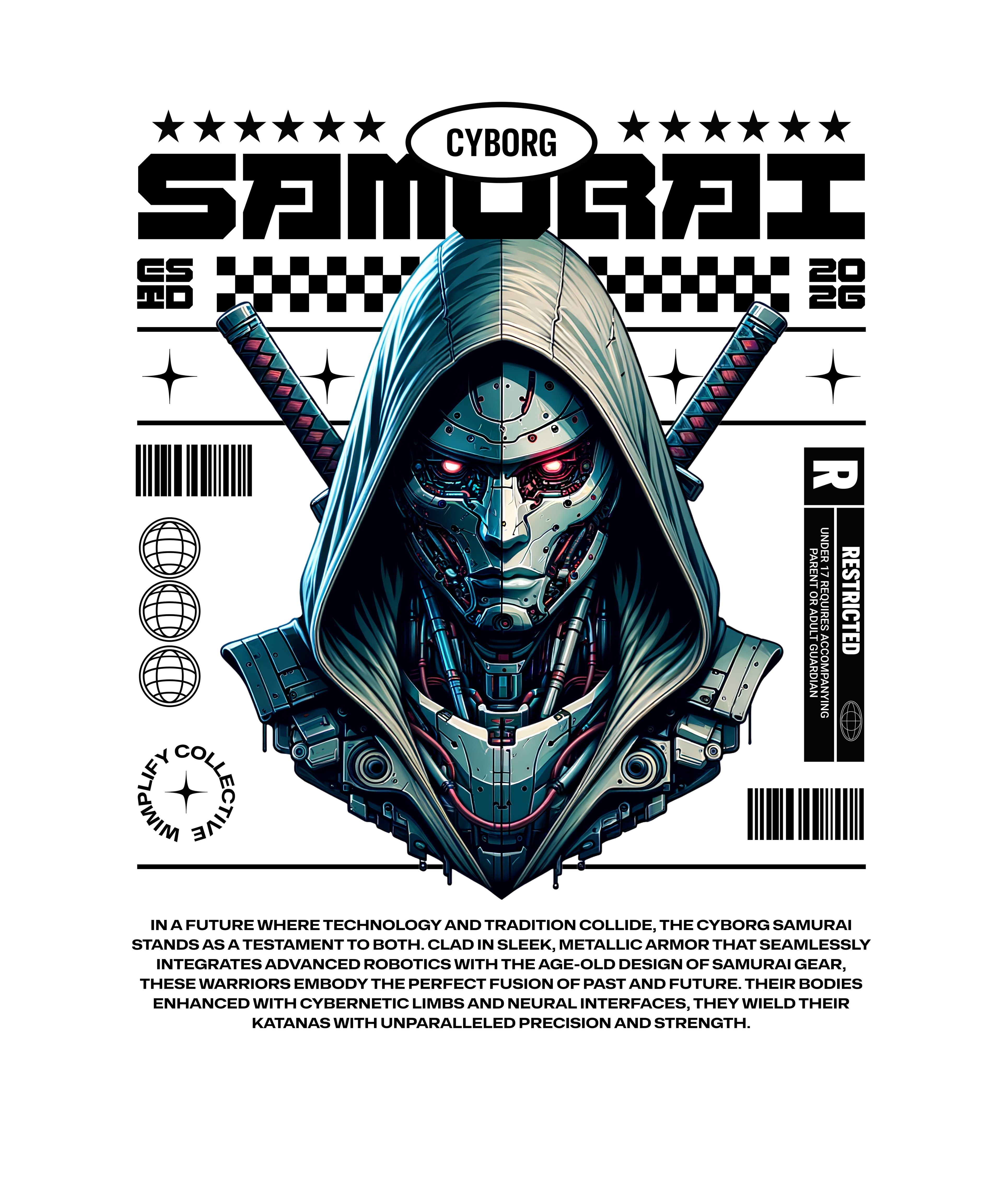 Cyborg Samurai — Futuristic Warrior Graphic T-Shirt - White
