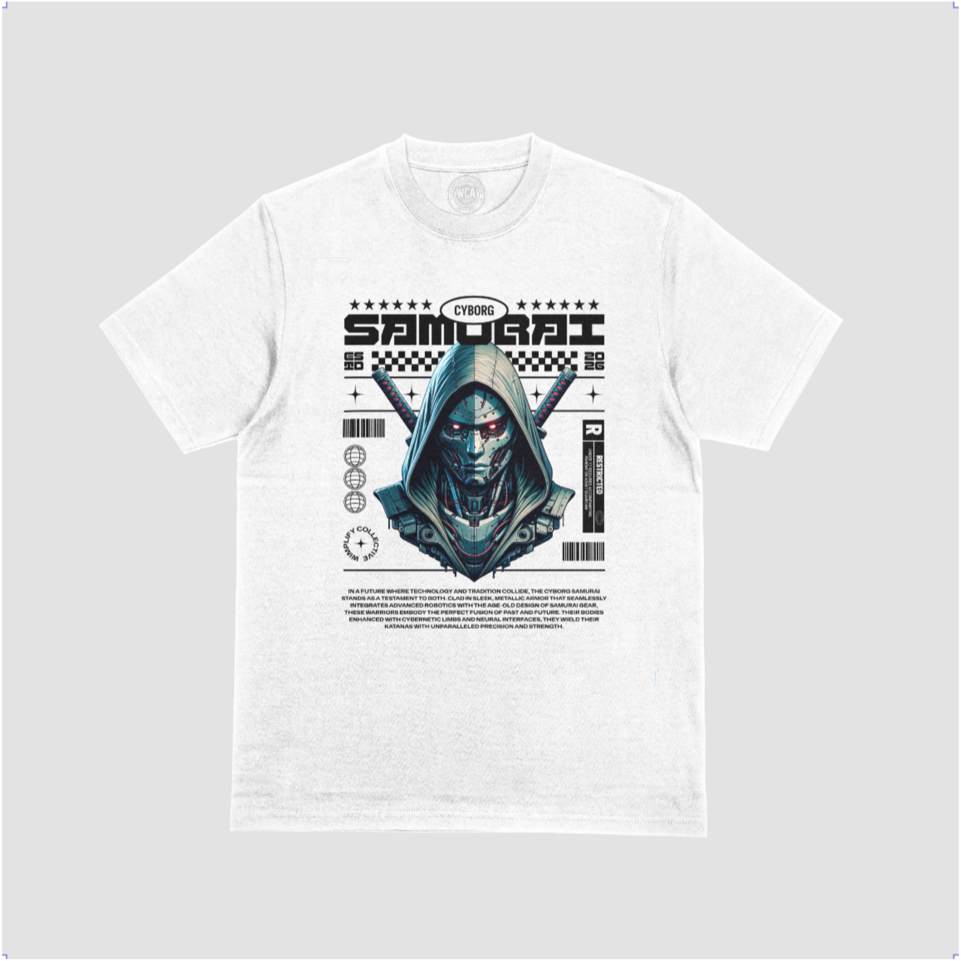 Cyborg Samurai — Futuristic Warrior Graphic T-Shirt - White