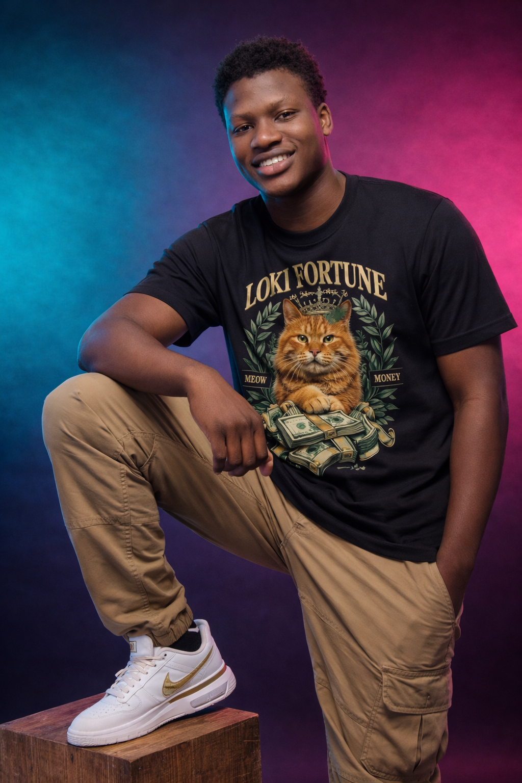 LOKI FORTUNE – Meow Money Premium Graphic T-Shirt (Customized upon customer request)