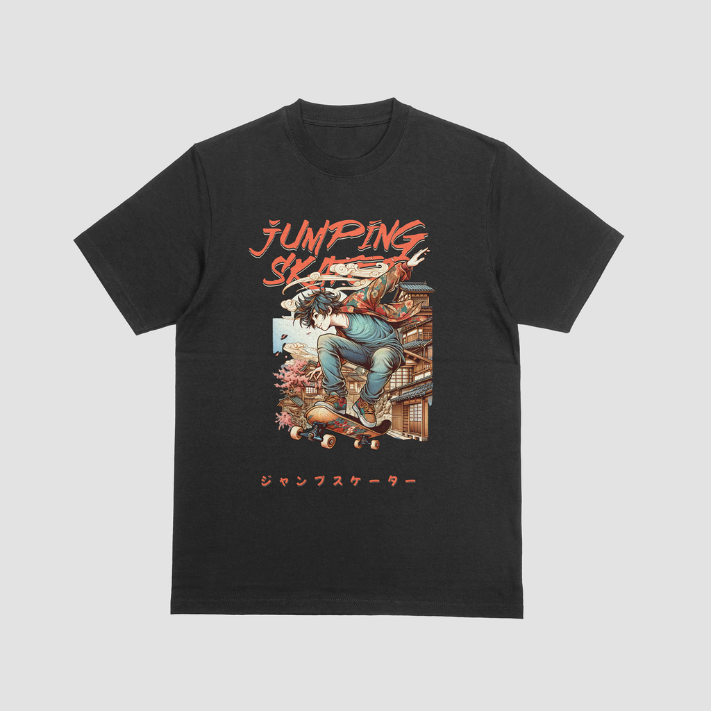 Black t-shirt with a graphic design of a person on a skateboard and text on a gray background