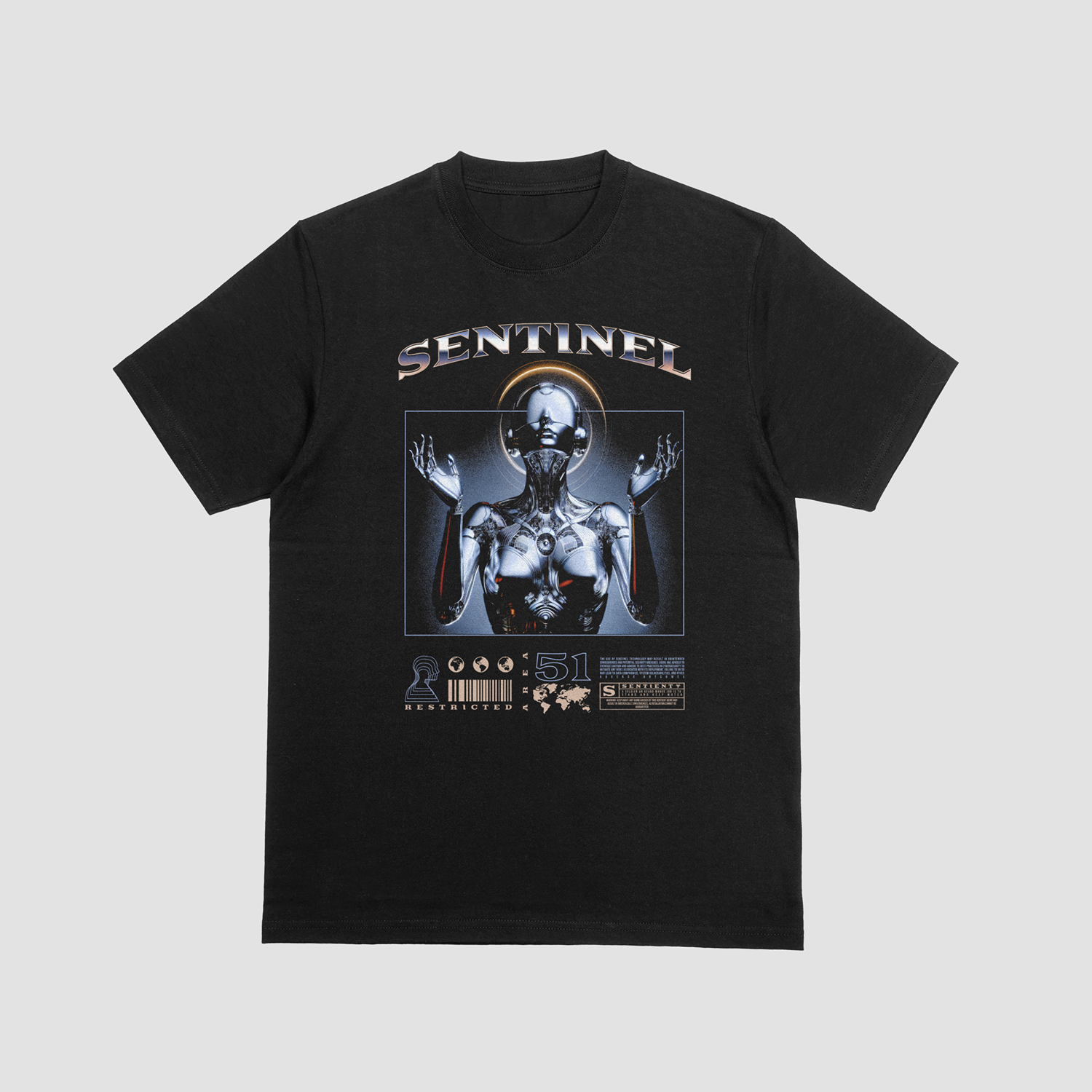 Sentinel 51 Cybernetic Guardian Graphic T-Shirt — Futuristic AI Sci-Fi Streetwear Tee