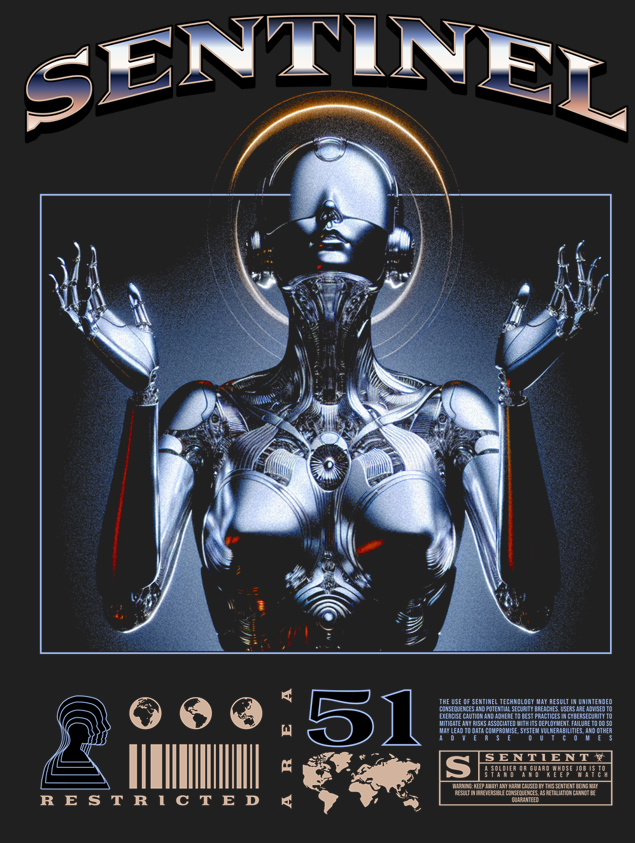 Sentinel 51 Cybernetic Guardian Graphic T-Shirt — Futuristic AI Sci-Fi Streetwear Tee