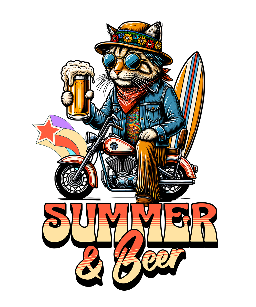 Summer & Beer – Cat Rider Graphic T-Shirt